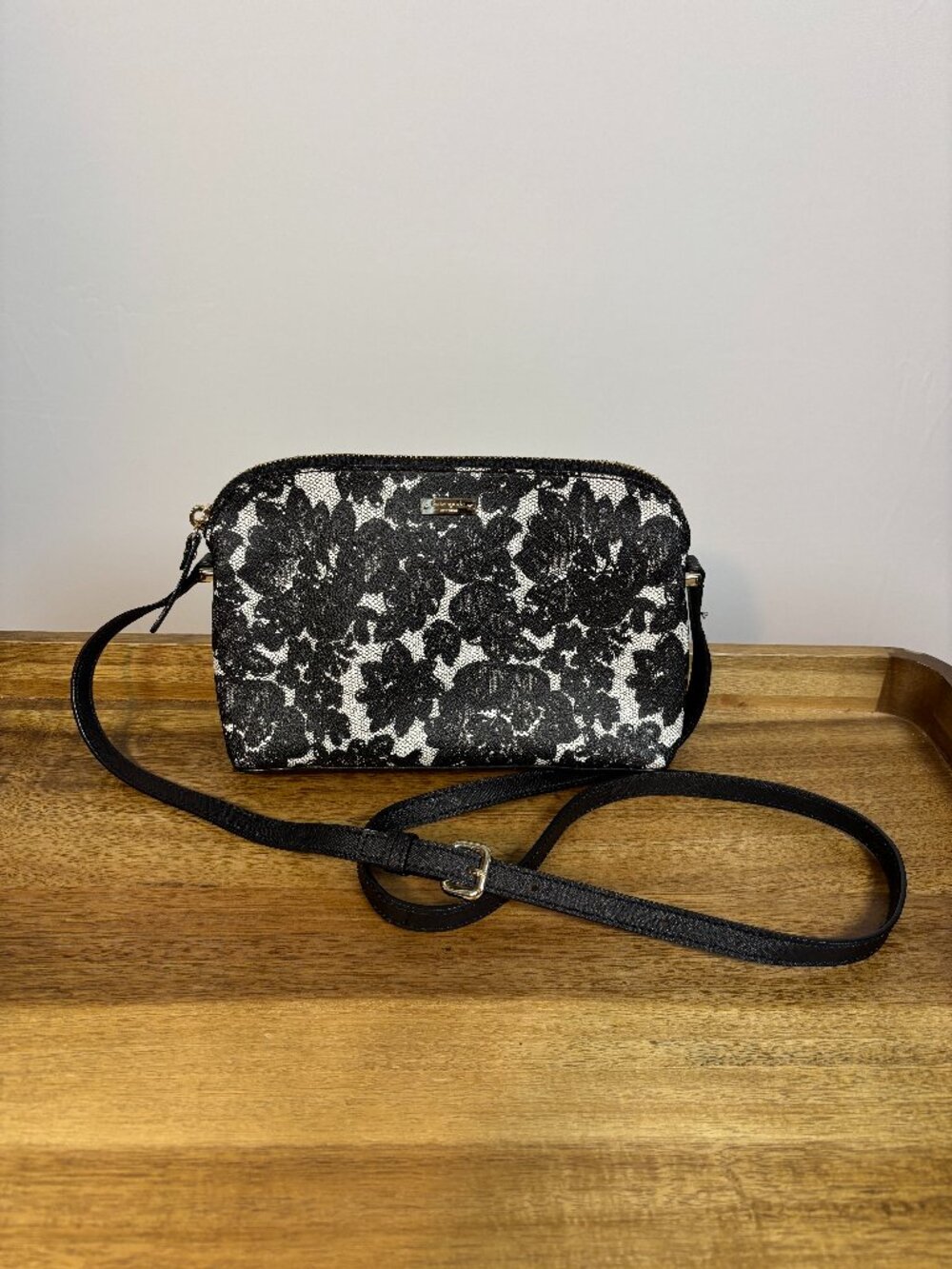 Kate Spade Black & White Floral Lace Patterned Leather Dome Crossbody